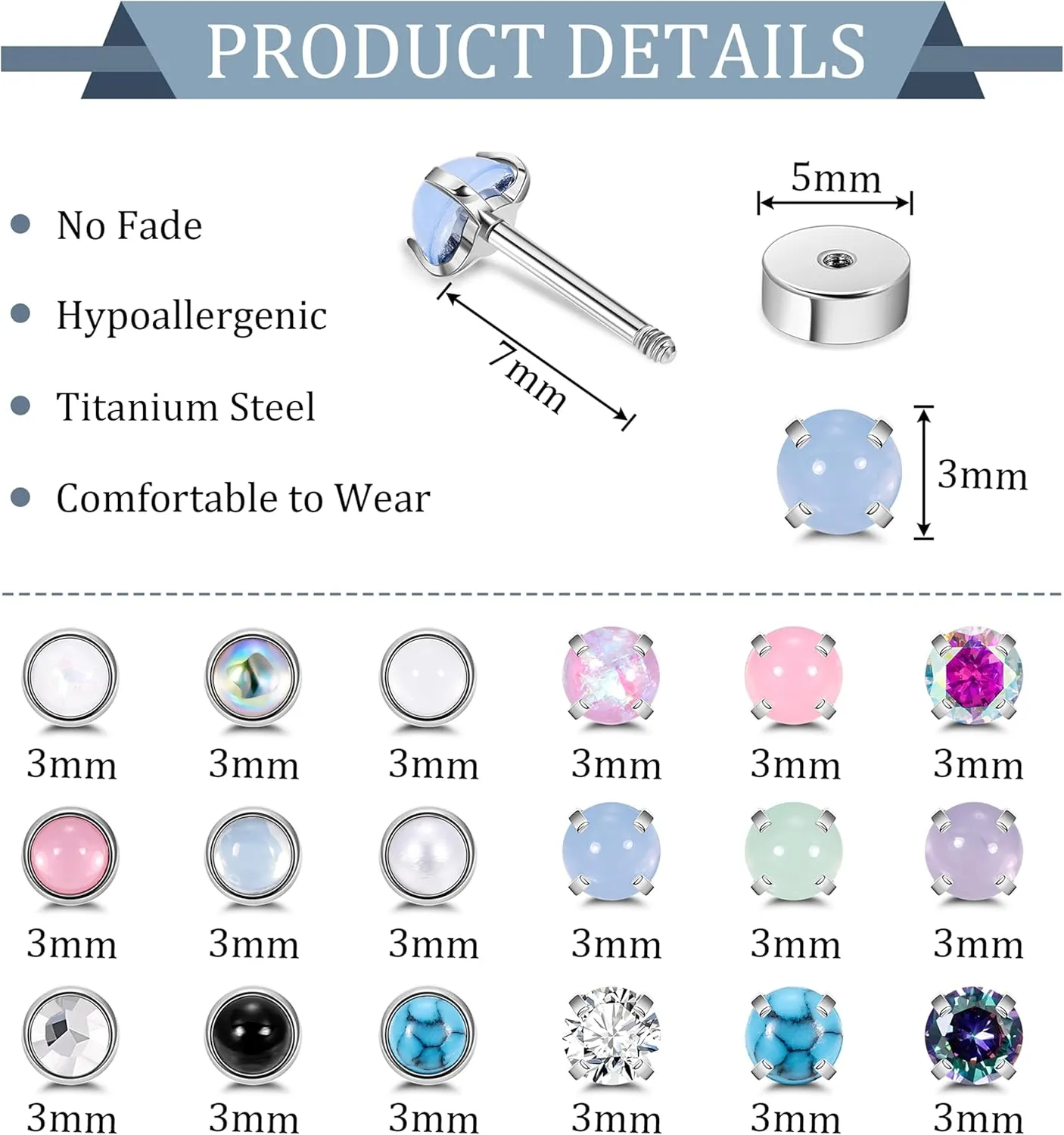 18Pairs 20G Titanium Steel Stud Earrings Set for Women Men Moonstone Turquoise CZ Stud Earrings Cartilage Heilx Tragus Stud Earrings Hypoallergenic Flat Back Stud Earring 3MM 4MM 5MM