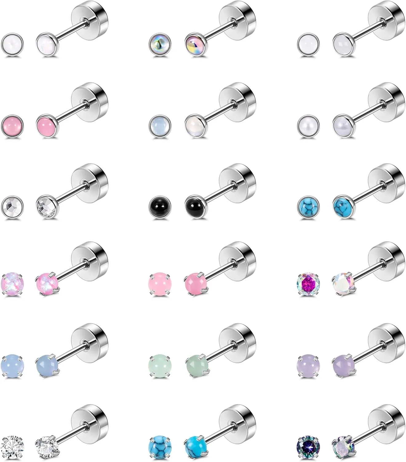 18Pairs 20G Titanium Steel Stud Earrings Set for Women Men Moonstone Turquoise CZ Stud Earrings Cartilage Heilx Tragus Stud Earrings Hypoallergenic Flat Back Stud Earring 3MM 4MM 5MM