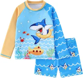 2-Piece Boys Dinosaur&Whale Swimsuit Set Long Sleeve Shirt   Trunks Toddler Swimming Suit Kids Rash Guards Bathing Suits