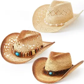 3 Pack Straw Cowboy Hats for Women Men Western Style Adjustable Band Wide Brim Cowgirl Hats for Outdoor