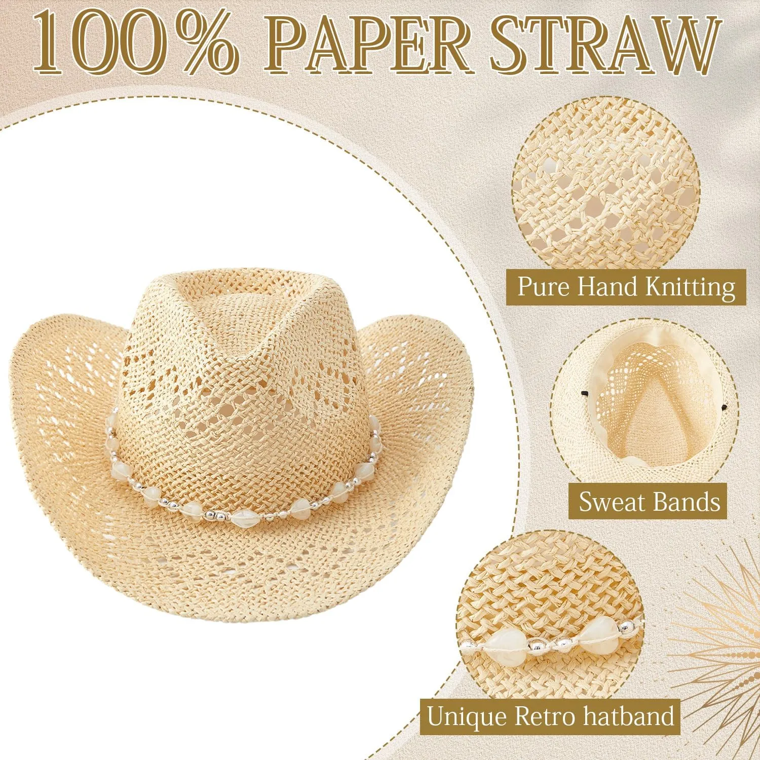 3 Pack Straw Cowboy Hats for Women Men Western Style Adjustable Band Wide Brim Cowgirl Hats for Outdoor