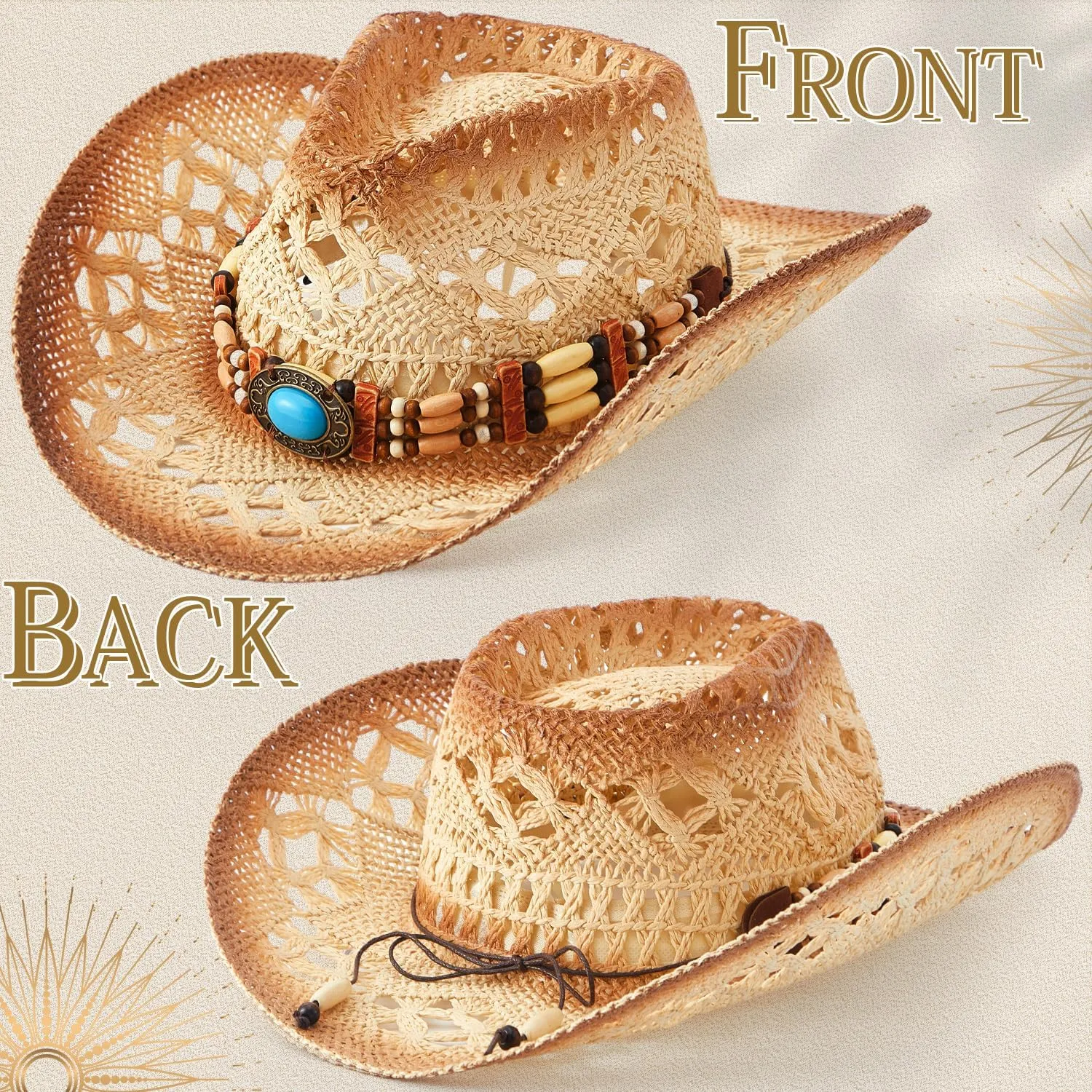 3 Pack Straw Cowboy Hats for Women Men Western Style Adjustable Band Wide Brim Cowgirl Hats for Outdoor