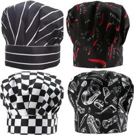 4 Pack Kitchen Cooking Cap, Comfort Breathable Chef Skull Hats for Men Women, Adjustable Working Caps One Size Fit All