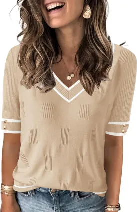 AKEWEI Womens V Neck Sweater Short Sleeve Lightweight Knit Spring Summer Tops with Decorative Buttons