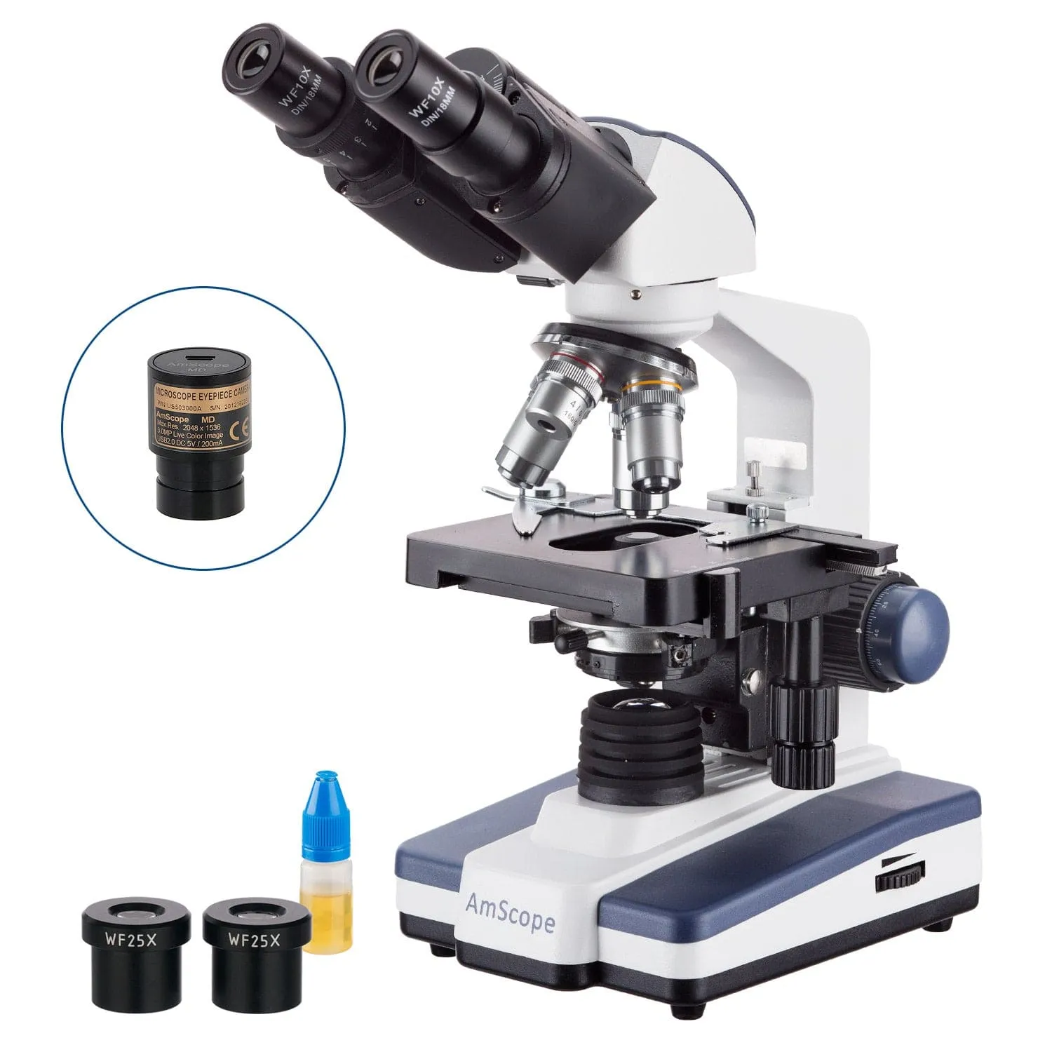 AmScope B120 Series Student & Professional LED Binocular Compound Microscope w/Siedentopf Head, 3D Mechanical Stage & Optional Digital Camera