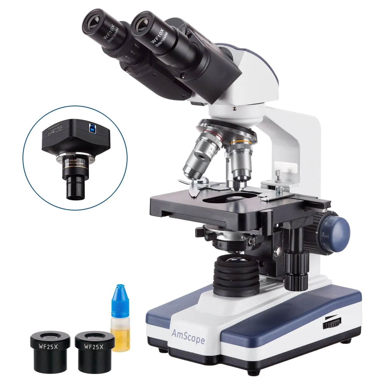 AmScope B120 Series Student & Professional LED Binocular Compound Microscope w/Siedentopf Head, 3D Mechanical Stage & Optional Digital Camera