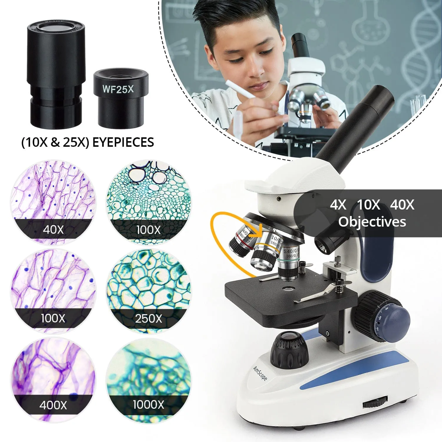 AmScope M158 Series Cordless LED Metal Frame Compound Microscope 40X-1000X Magnification with Course and Fine Focus