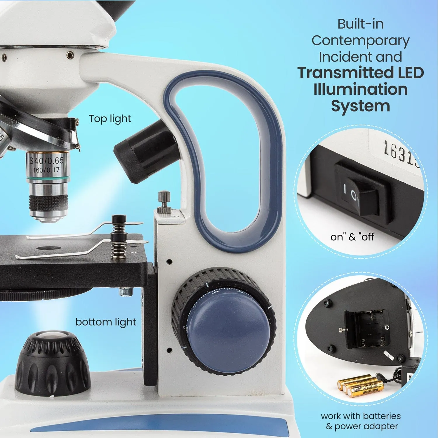 AmScope M158 Series Cordless LED Metal Frame Compound Microscope 40X-1000X Magnification with Course and Fine Focus