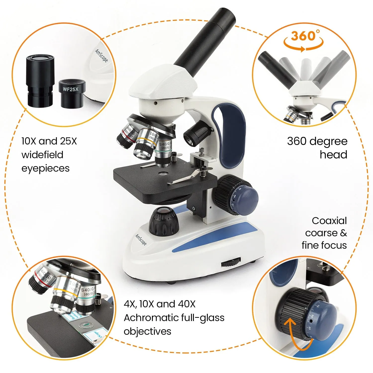 AmScope M158 Series Cordless LED Metal Frame Compound Microscope 40X-1000X Magnification with Course and Fine Focus