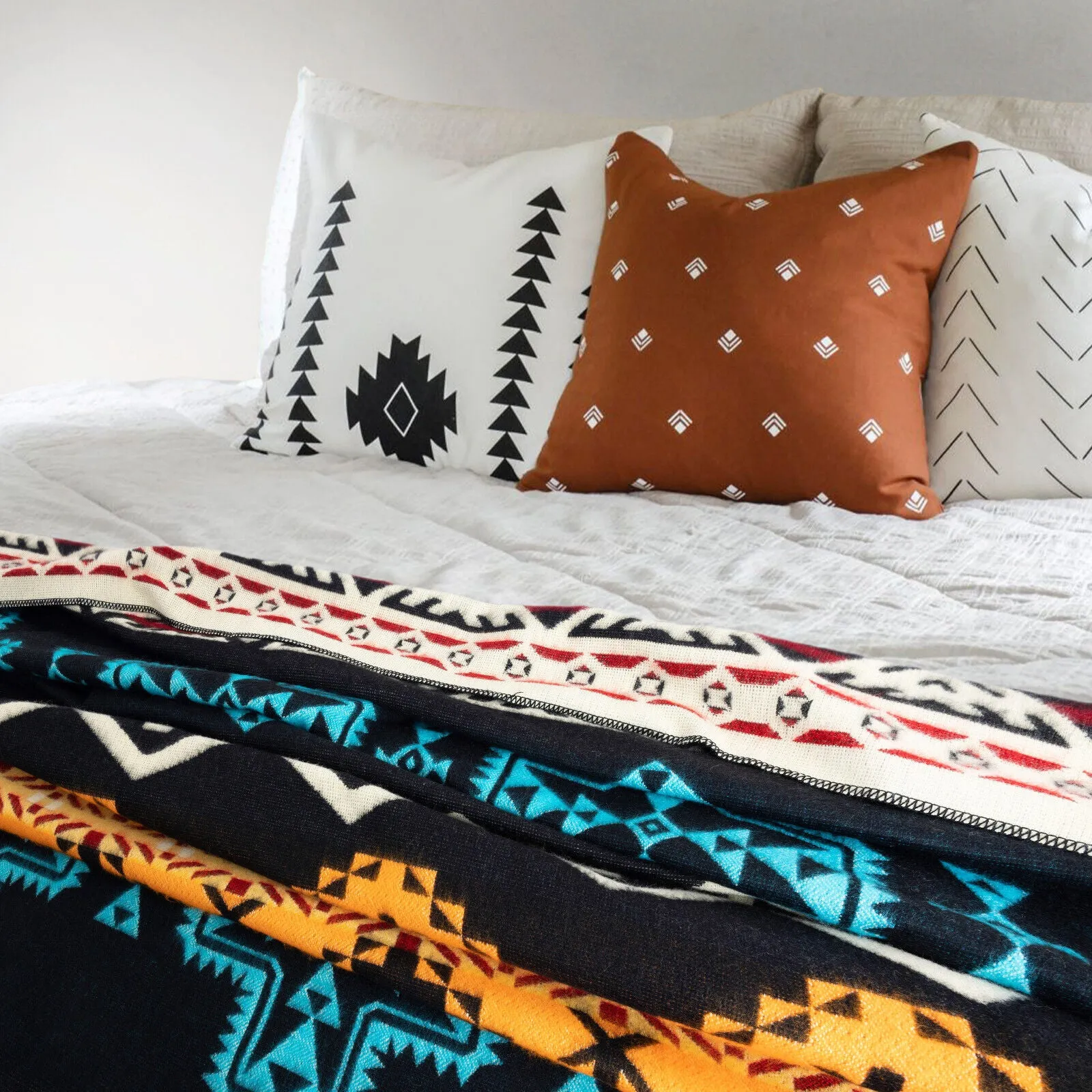 Angashco - Baby Alpaca Blanket - Extra Large Reversible - Aztec Cross Southwest Pattern - Black/Sky Blue/Yellow