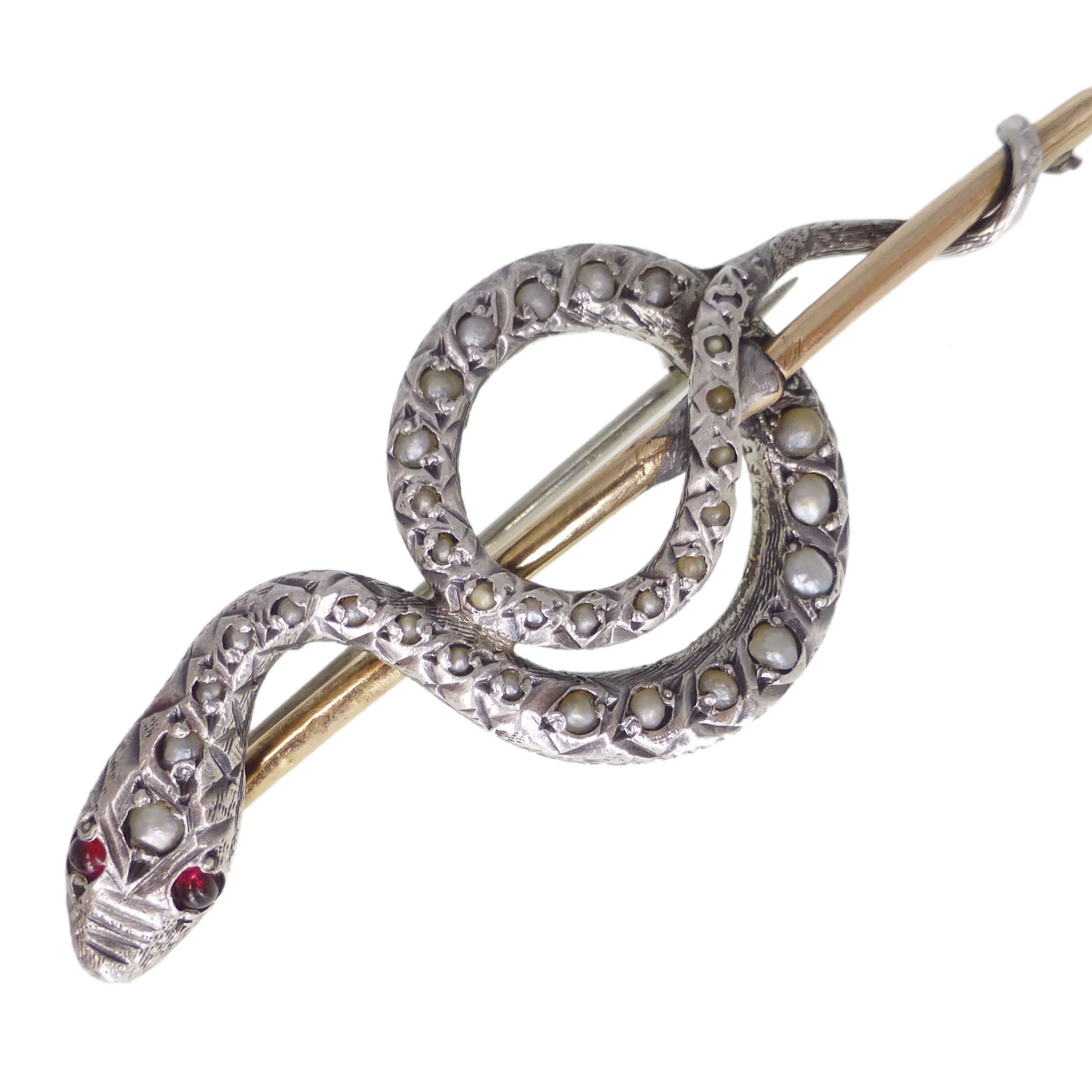 Antique Victorian Gold & Silver Pearl Snake Brooch