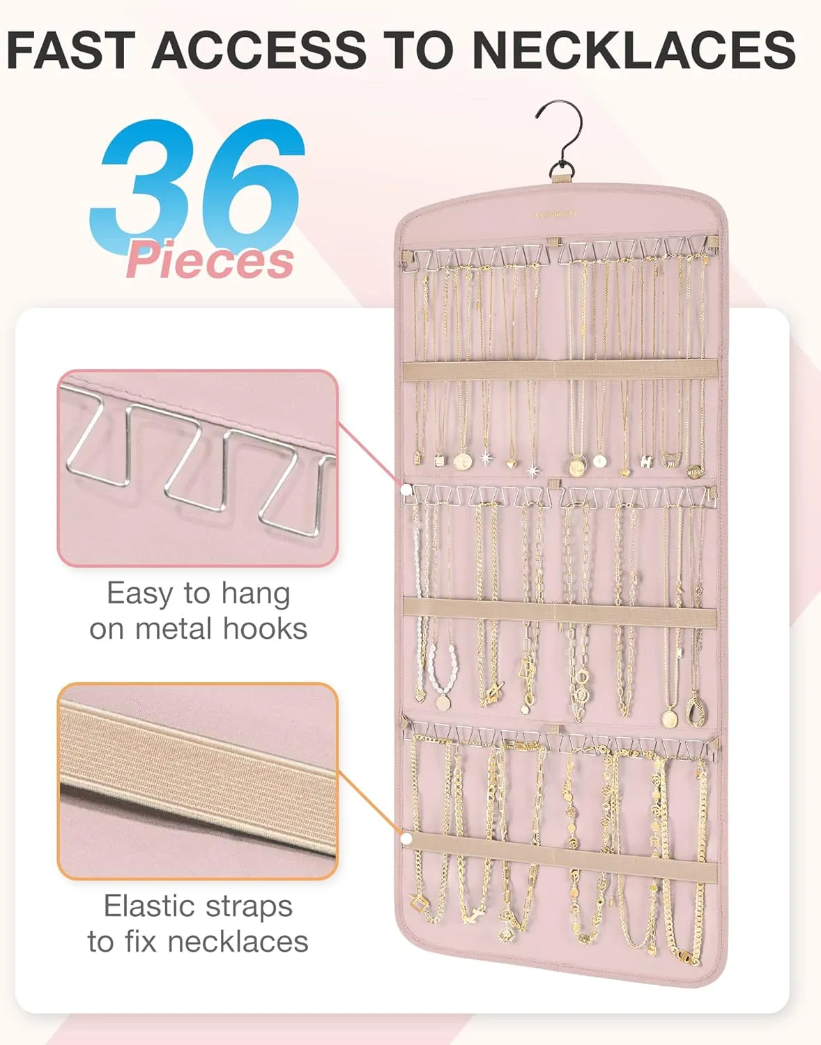BAGSMART Hanging Jewelry Organizer, Necklace Holder Anti-tangle Earrings Rings Hanger with 20 Jewelry Bags Travel Storage Roll with Pockets Hang on Closet, Wall, Door,1 Piece, Large Pink