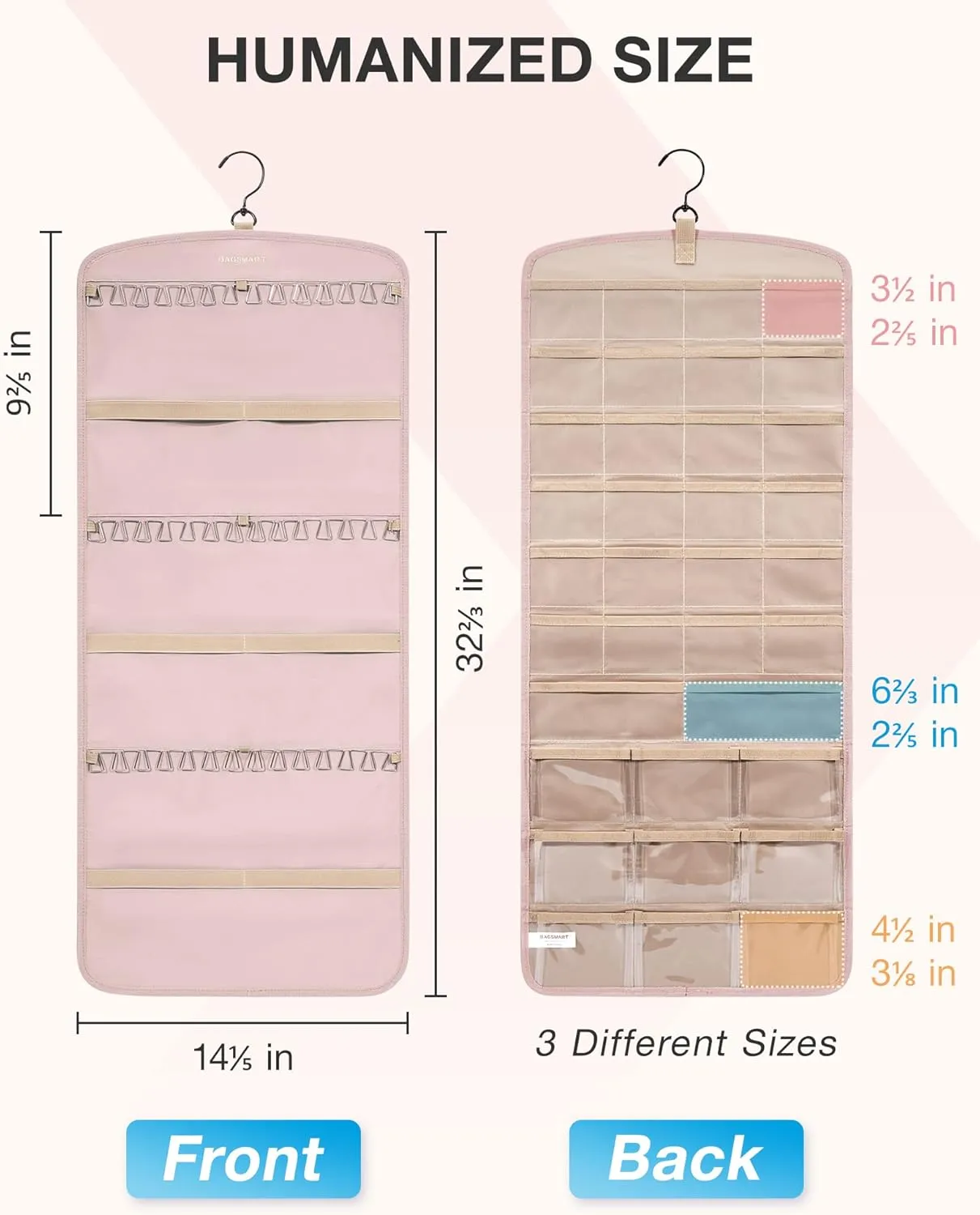 BAGSMART Hanging Jewelry Organizer, Necklace Holder Anti-tangle Earrings Rings Hanger with 20 Jewelry Bags Travel Storage Roll with Pockets Hang on Closet, Wall, Door,1 Piece, Large Pink