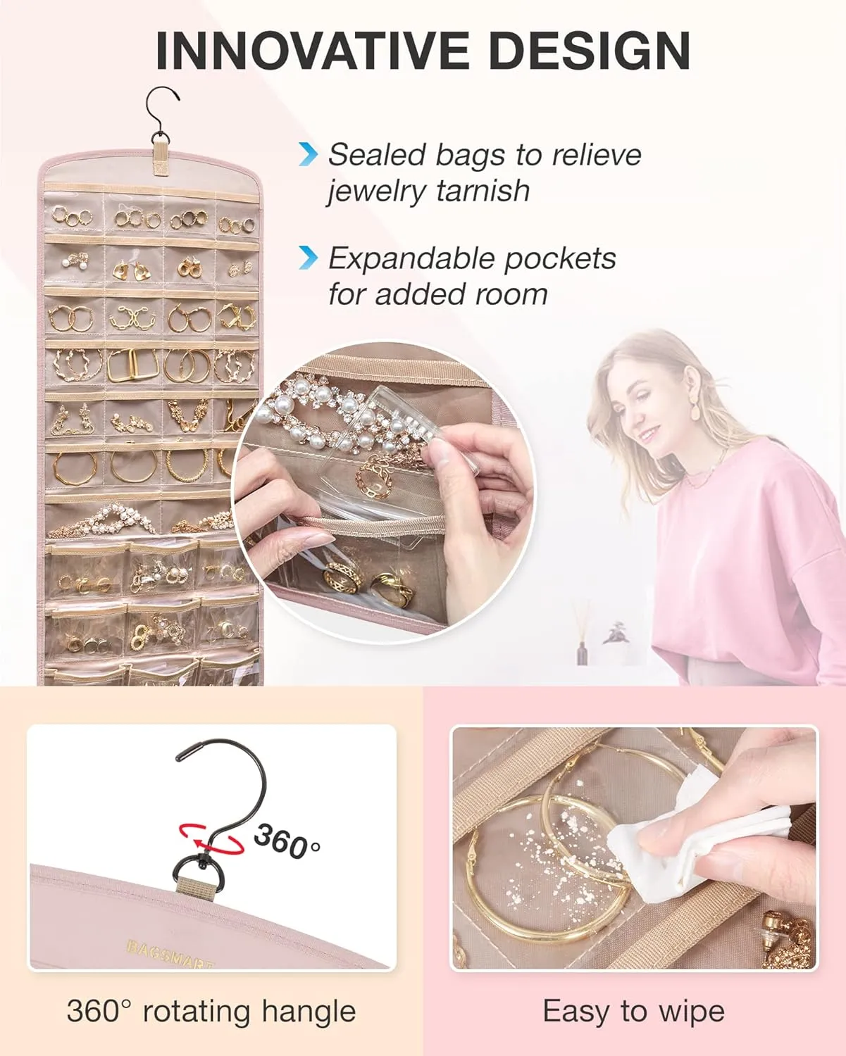 BAGSMART Hanging Jewelry Organizer, Necklace Holder Anti-tangle Earrings Rings Hanger with 20 Jewelry Bags Travel Storage Roll with Pockets Hang on Closet, Wall, Door,1 Piece, Large Pink