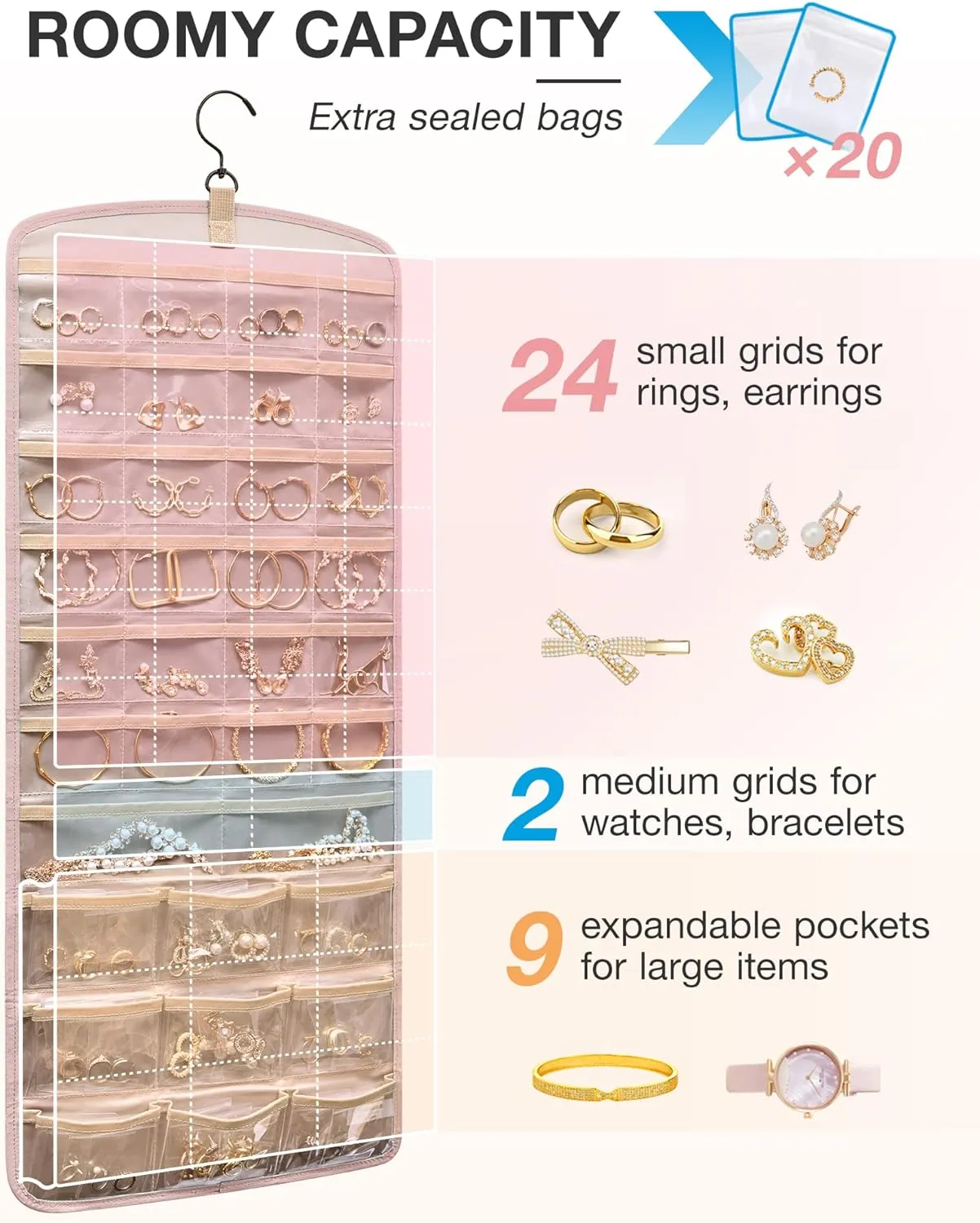 BAGSMART Hanging Jewelry Organizer, Necklace Holder Anti-tangle Earrings Rings Hanger with 20 Jewelry Bags Travel Storage Roll with Pockets Hang on Closet, Wall, Door,1 Piece, Large Pink