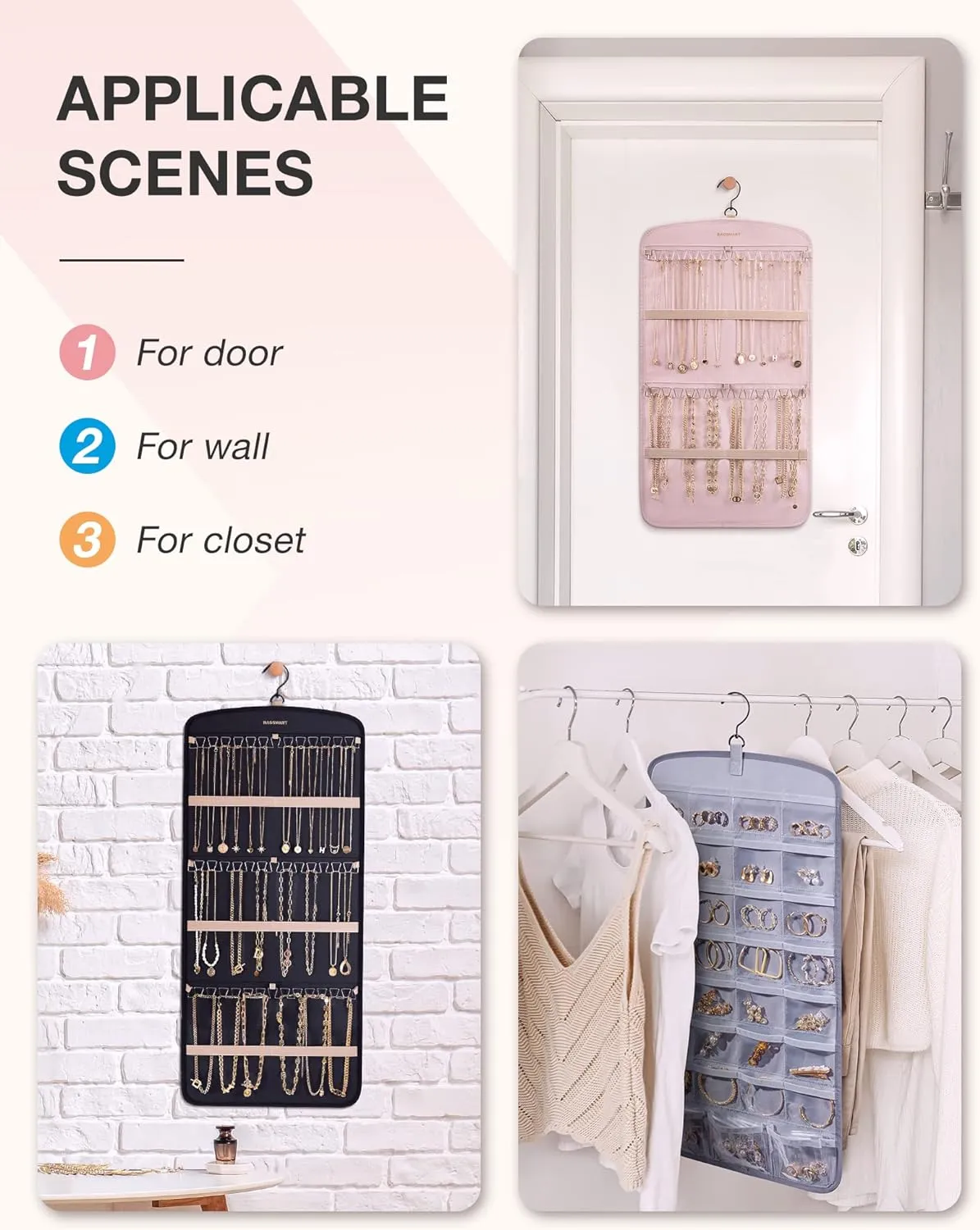 BAGSMART Hanging Jewelry Organizer, Necklace Holder Anti-tangle Earrings Rings Hanger with 20 Jewelry Bags Travel Storage Roll with Pockets Hang on Closet, Wall, Door,1 Piece, Large Pink