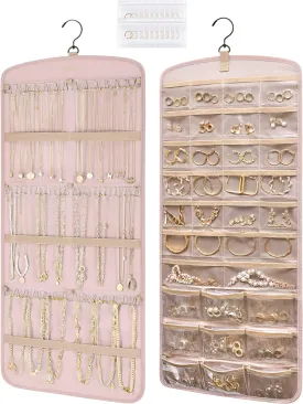BAGSMART Hanging Jewelry Organizer, Necklace Holder Anti-tangle Earrings Rings Hanger with 20 Jewelry Bags Travel Storage Roll with Pockets Hang on Closet, Wall, Door,1 Piece, Large Pink