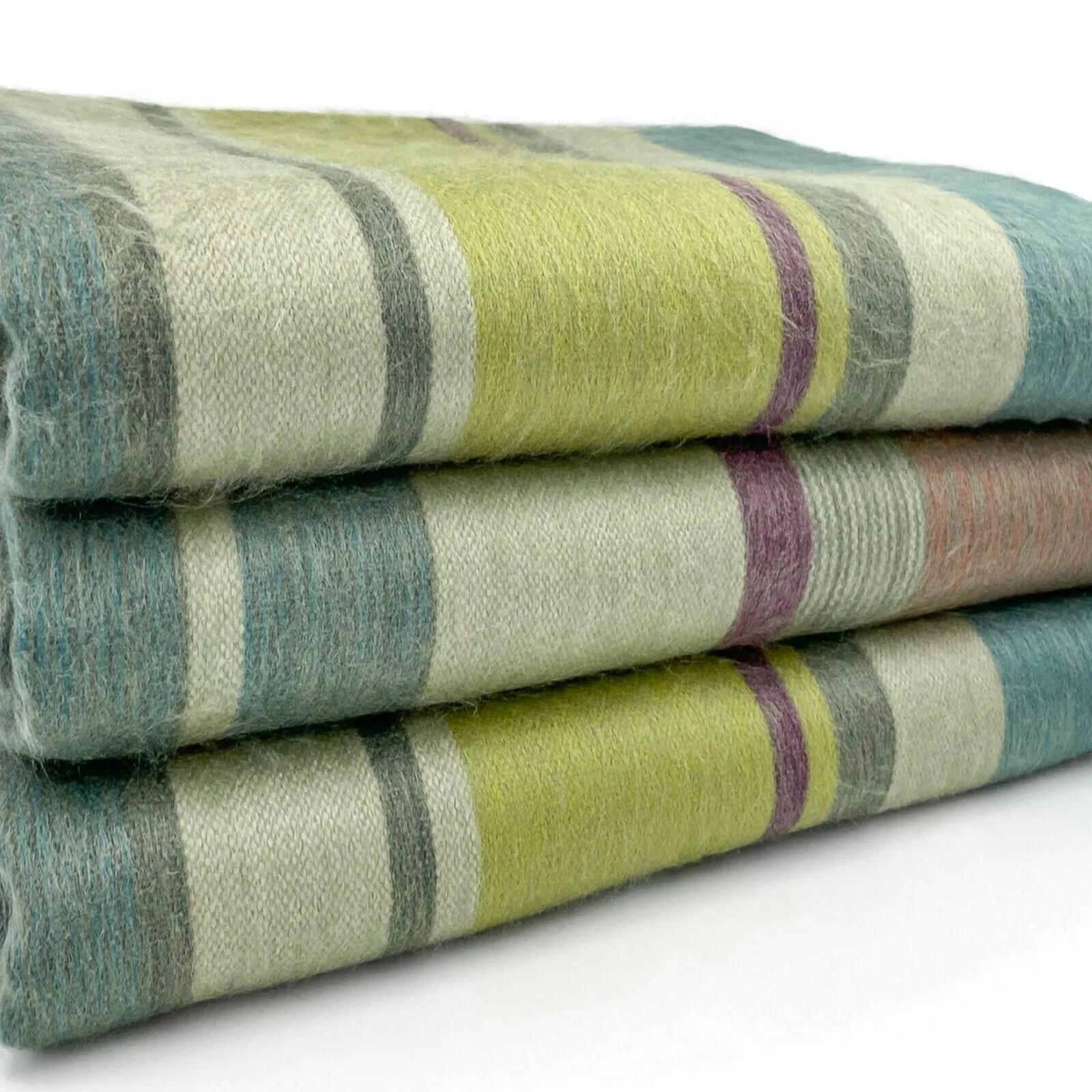 Biblian - Baby Alpaca Wool Throw Blanket / Sofa Cover - Queen 96" x 67" - striped cream/pistachio/turquoise/grey