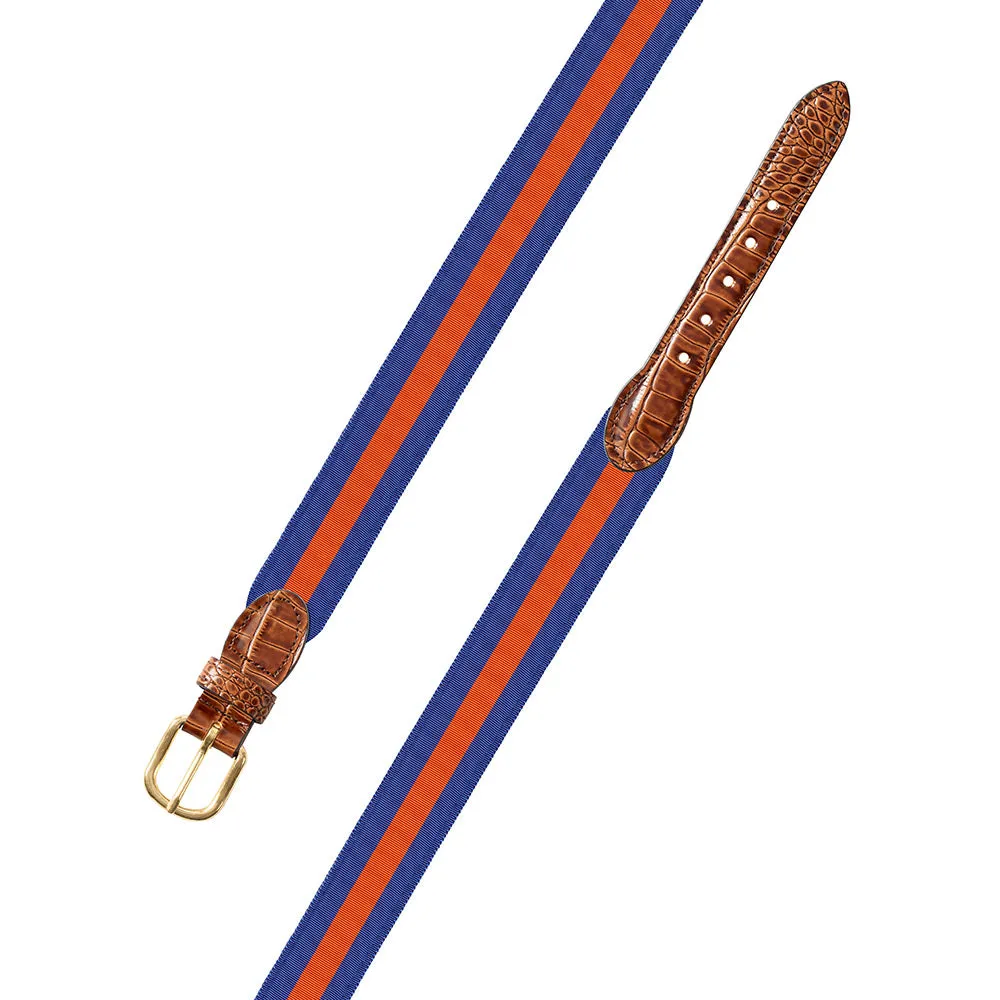 Blue & Orange Grosgrain Ribbon Leather Tab Belt