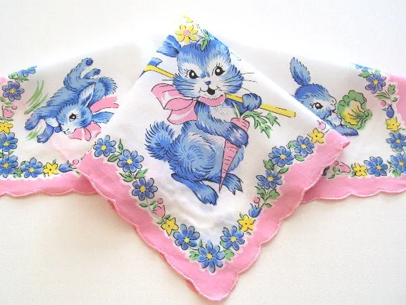 Blue Bunny Garden Handkerchief Reproduction