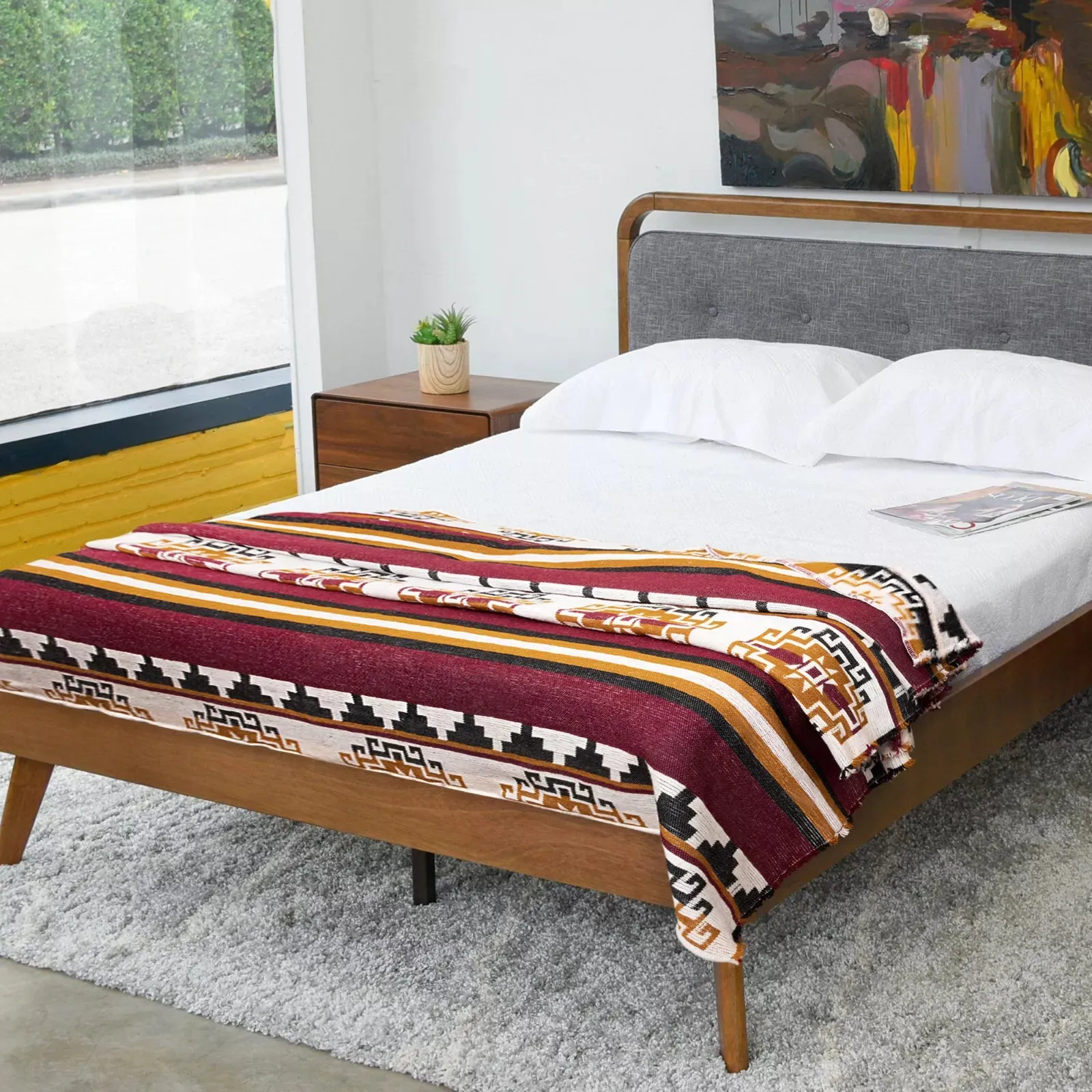 Capirona - Heavy and Thick Extra Large Llama wool artisanal handwoven Blanket - Burgundy/Mustard - Aztec Pattern