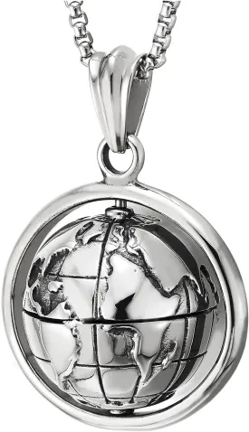 COOLSTEELANDBEYOND Mens Womens Earth Globe Map Ball Circle Stainless Steel Pendant Necklace, 30 in Wheat Chain, Movable