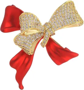 Crystal Red Double Layer Bowknot Brooch Pins for Women Elegant Enamel Rhinestone Bow Brooches Pin Fashion Jewelry for Party Dance Wedding Banquet Brooch for Women Girl Gift
