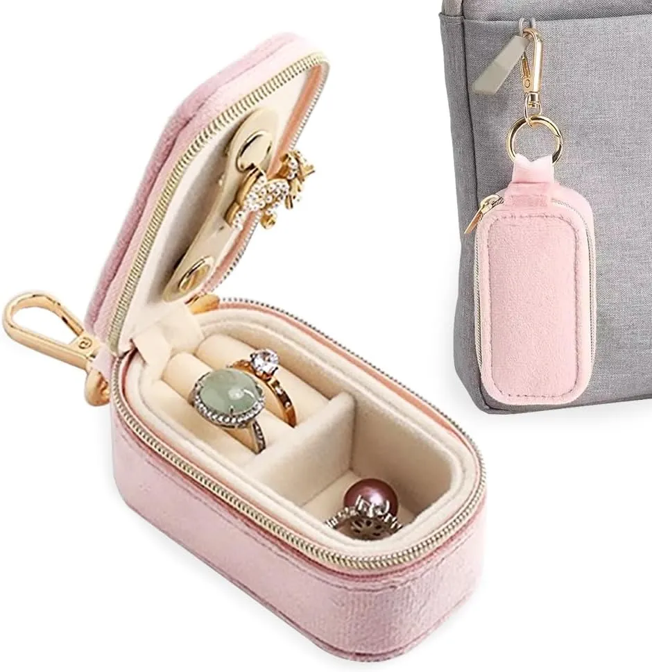 FCGOD Velvet Mini Travel Jewelry Case - 2-in-1 Ring Holder Keychain Organizer, Portable Clutch for Earrings/Necklace, Wedding Party & Vacation Daily Storage Bag Gift for Women (Pink)