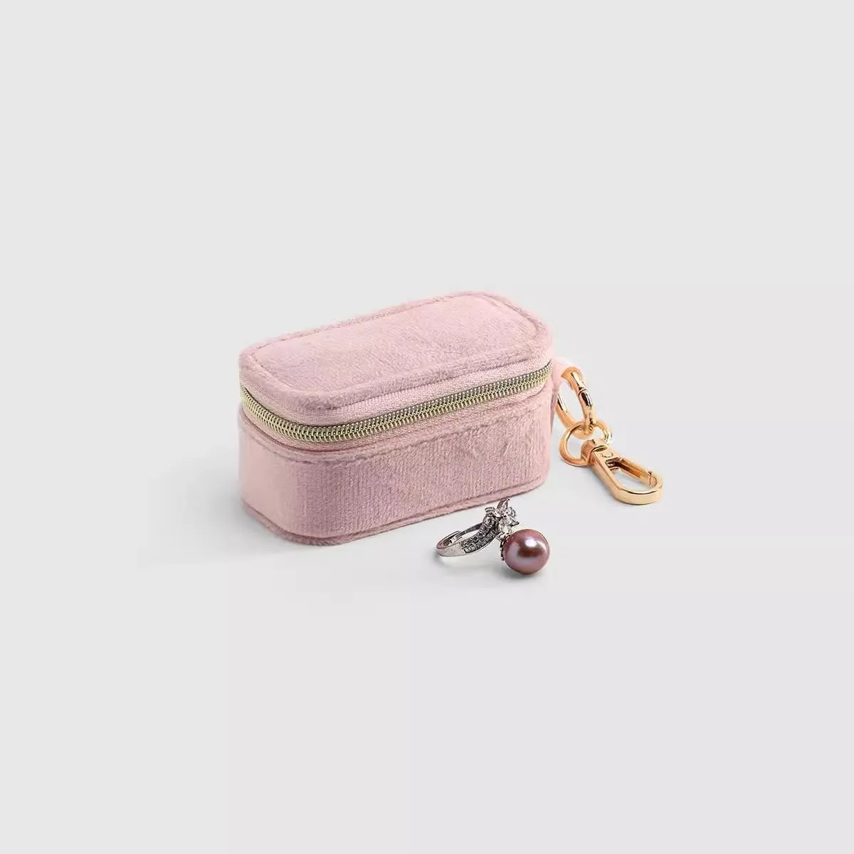 FCGOD Velvet Mini Travel Jewelry Case - 2-in-1 Ring Holder Keychain Organizer, Portable Clutch for Earrings/Necklace, Wedding Party & Vacation Daily Storage Bag Gift for Women (Pink)