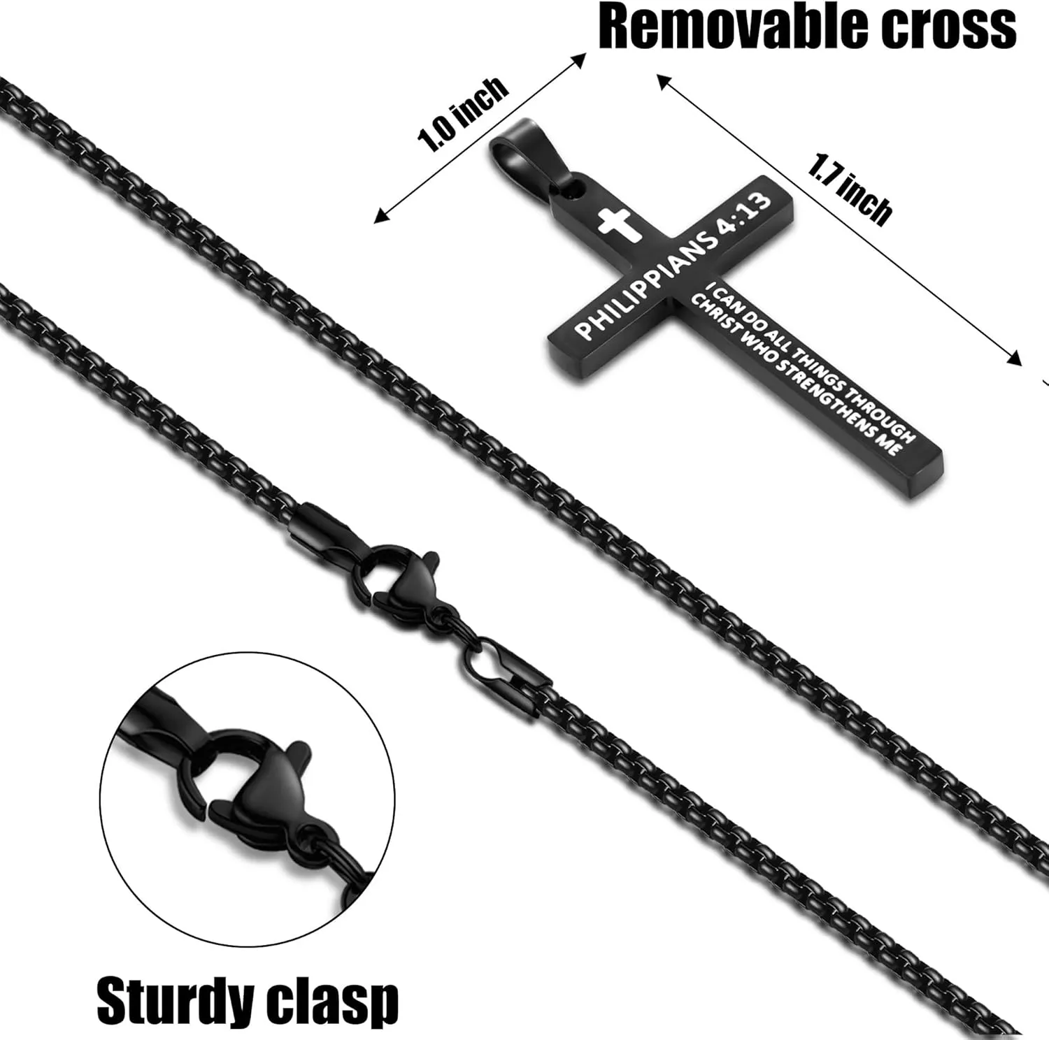 Fiusem Bible Verse Cross Necklace for Men, Stainless Steel Mens Necklace, Black/Gold/Silver Tone Cross Pendant for Men