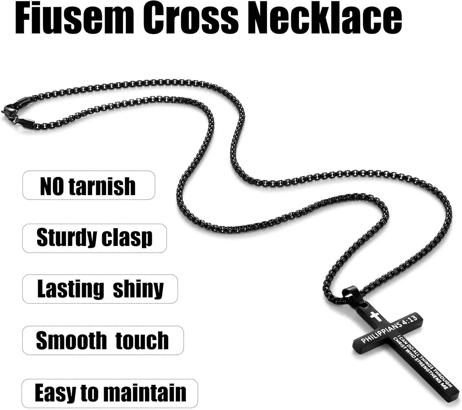 Fiusem Bible Verse Cross Necklace for Men, Stainless Steel Mens Necklace, Black/Gold/Silver Tone Cross Pendant for Men