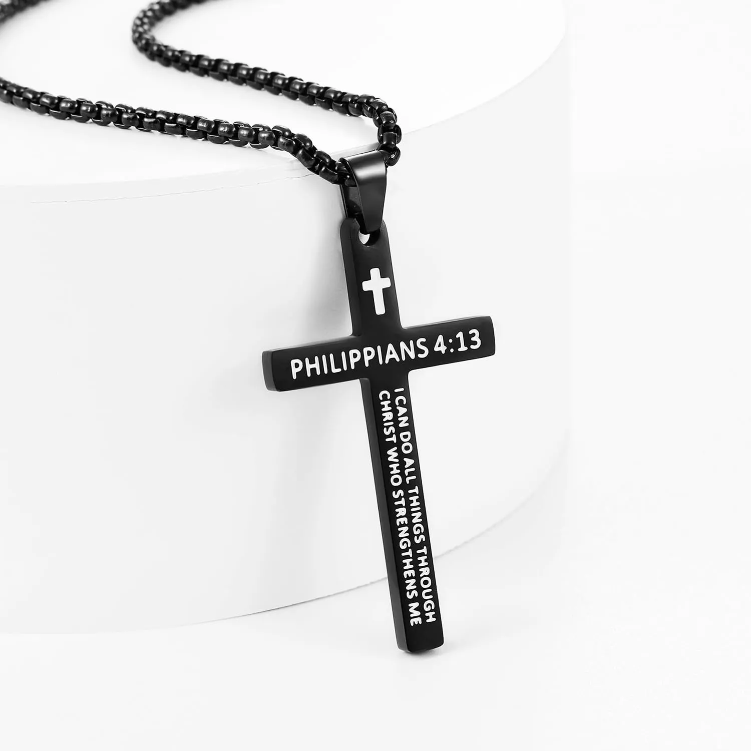 Fiusem Bible Verse Cross Necklace for Men, Stainless Steel Mens Necklace, Black/Gold/Silver Tone Cross Pendant for Men