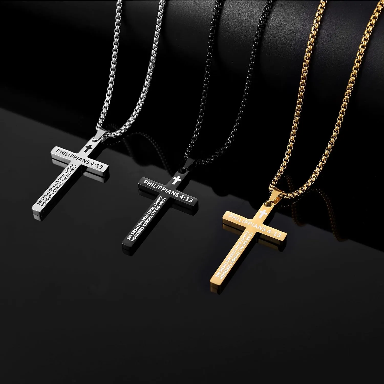 Fiusem Bible Verse Cross Necklace for Men, Stainless Steel Mens Necklace, Black/Gold/Silver Tone Cross Pendant for Men