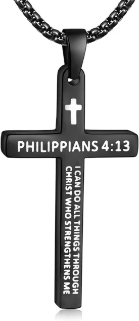 Fiusem Bible Verse Cross Necklace for Men, Stainless Steel Mens Necklace, Black/Gold/Silver Tone Cross Pendant for Men