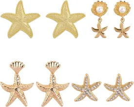 Framendino, 4 Pairs Summer Ocean Beach Starfish Sea Shell Earrings with Pearl for Women Gold