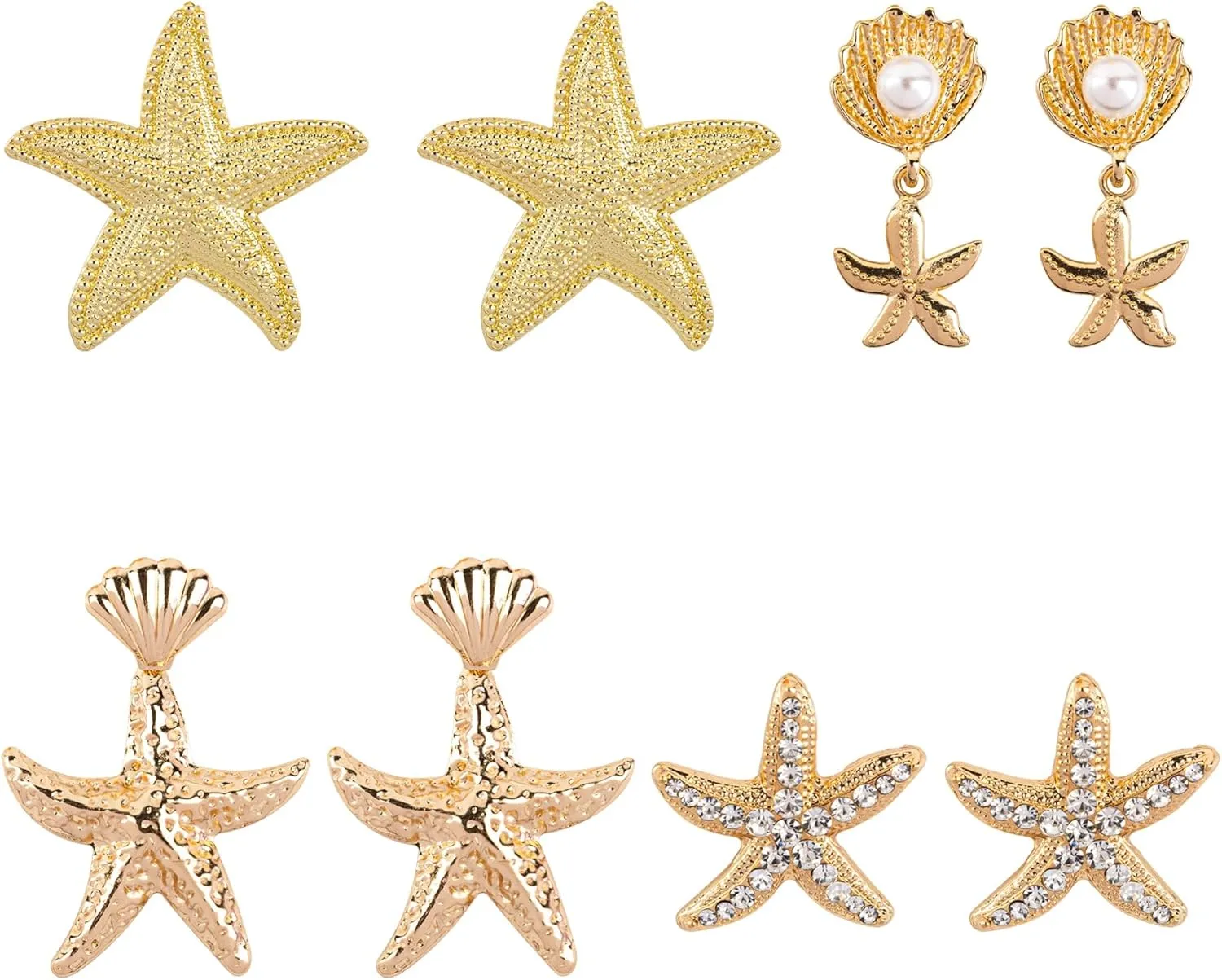 Framendino, 4 Pairs Summer Ocean Beach Starfish Sea Shell Earrings with Pearl for Women Gold