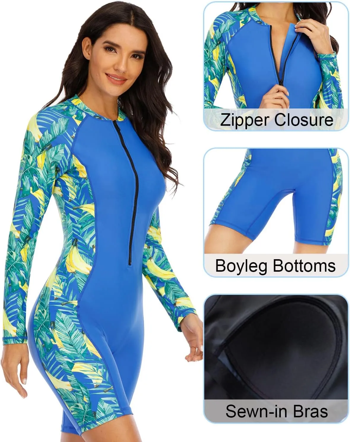Halcurt Women's Boyleg One Piece Rash Guard with Built in Bra UPF50  Zip Long Sleeve Full Body Modest Swimsuit