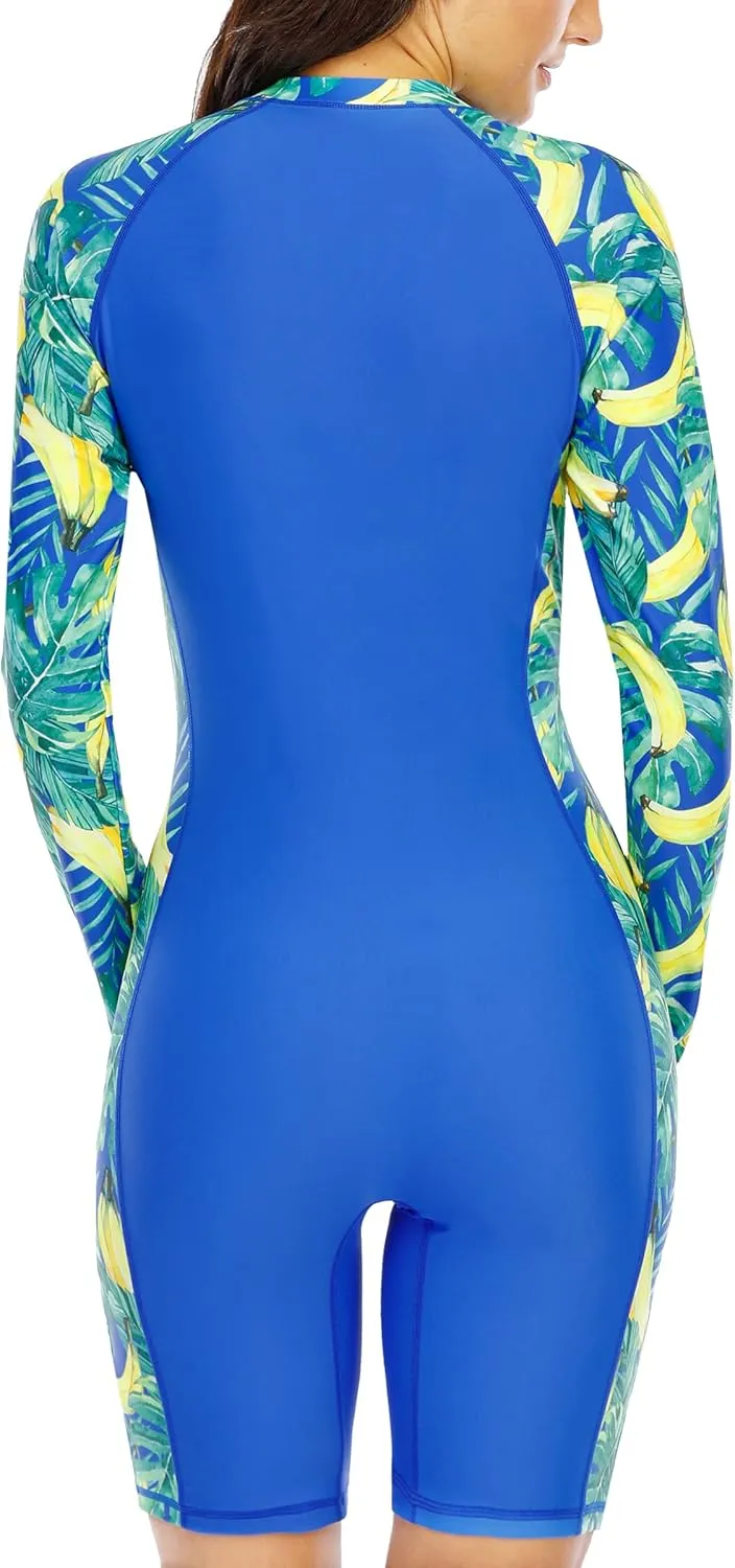 Halcurt Women's Boyleg One Piece Rash Guard with Built in Bra UPF50  Zip Long Sleeve Full Body Modest Swimsuit