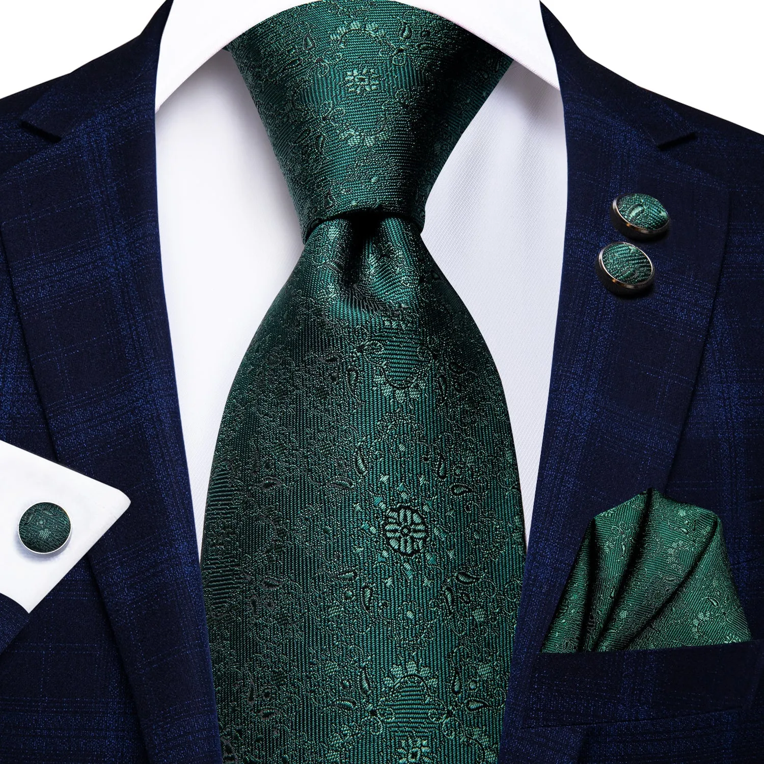 Hi-Tie Dark Green Floral Men's 63 Inch Tie Pocket Square Cufflinks Set
