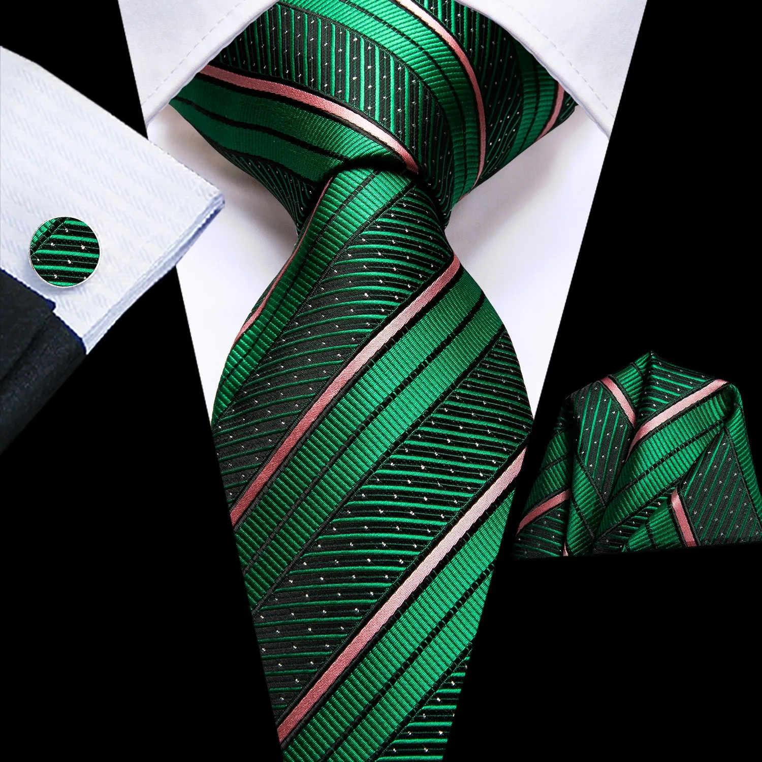 Hi-Tie Green Pink Stripe White Dot Necktie Pocket Square Cufflinks Set