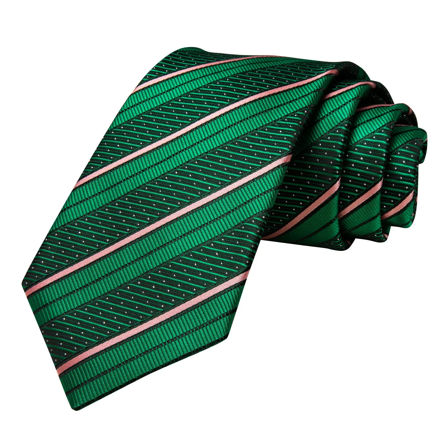 Hi-Tie Green Pink Stripe White Dot Necktie Pocket Square Cufflinks Set