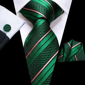 Hi-Tie Green Pink Stripe White Dot Necktie Pocket Square Cufflinks Set