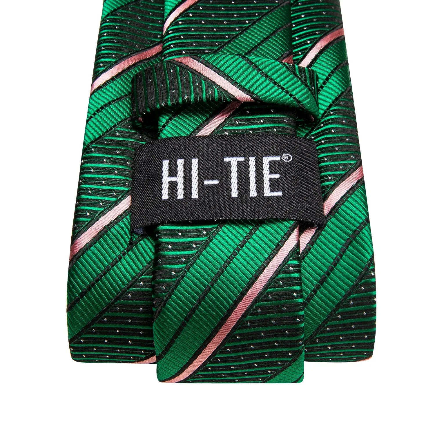 Hi-Tie Green Pink Stripe White Dot Necktie Pocket Square Cufflinks Set