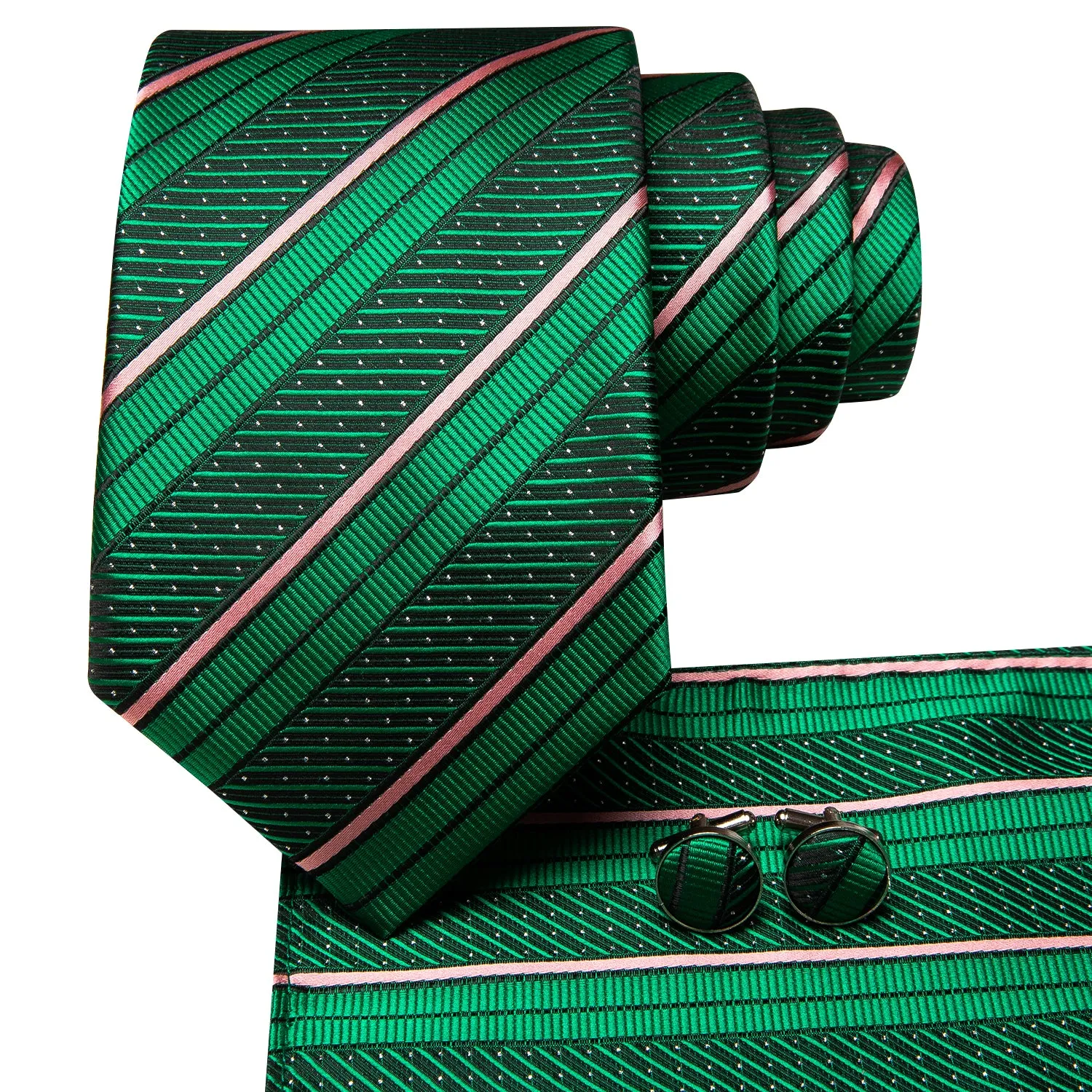 Hi-Tie Green Pink Stripe White Dot Necktie Pocket Square Cufflinks Set