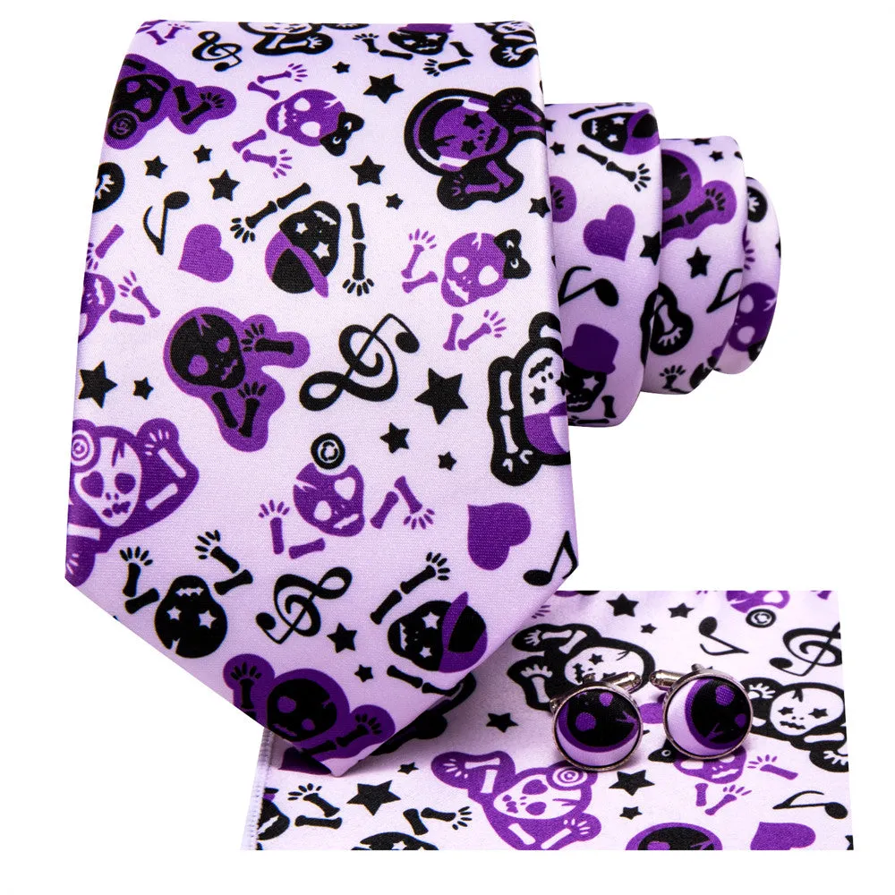 Hi-Tie Halloween Purple Note Skull Necktie Pocket Square Cufflinks Set