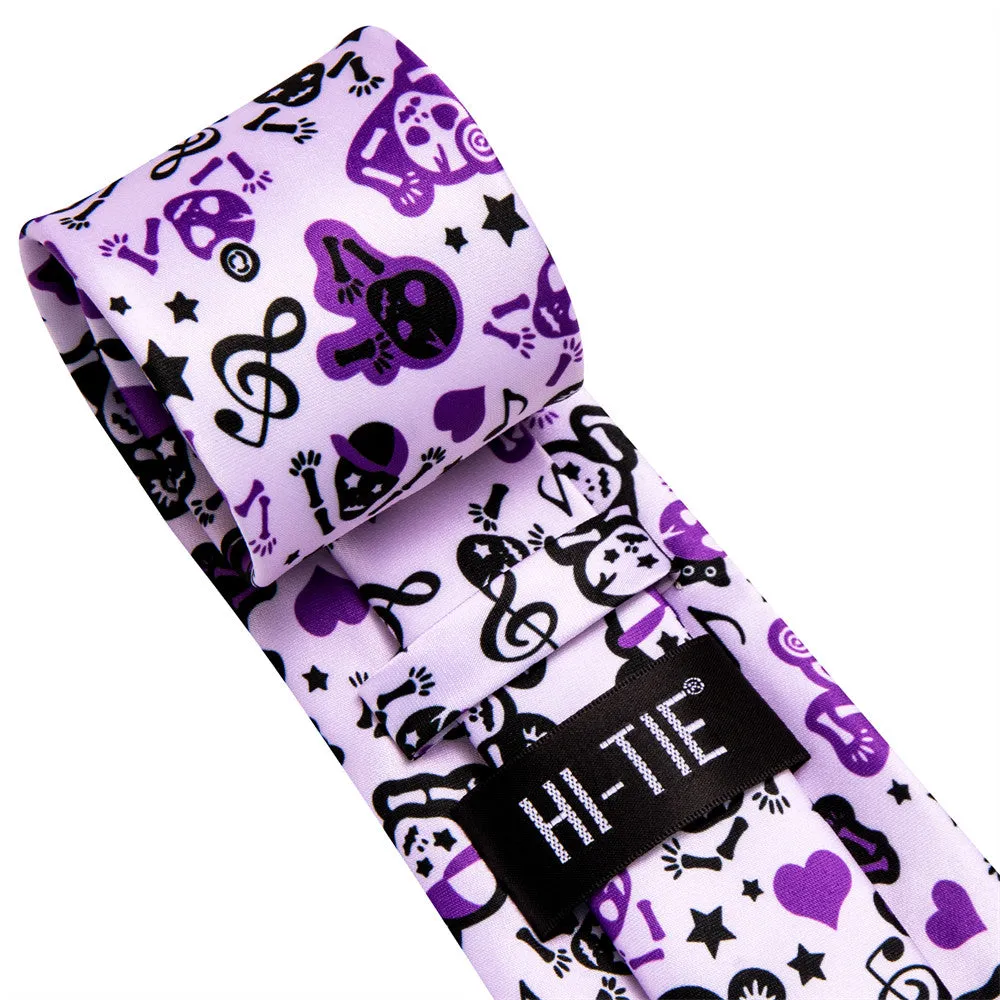 Hi-Tie Halloween Purple Note Skull Necktie Pocket Square Cufflinks Set