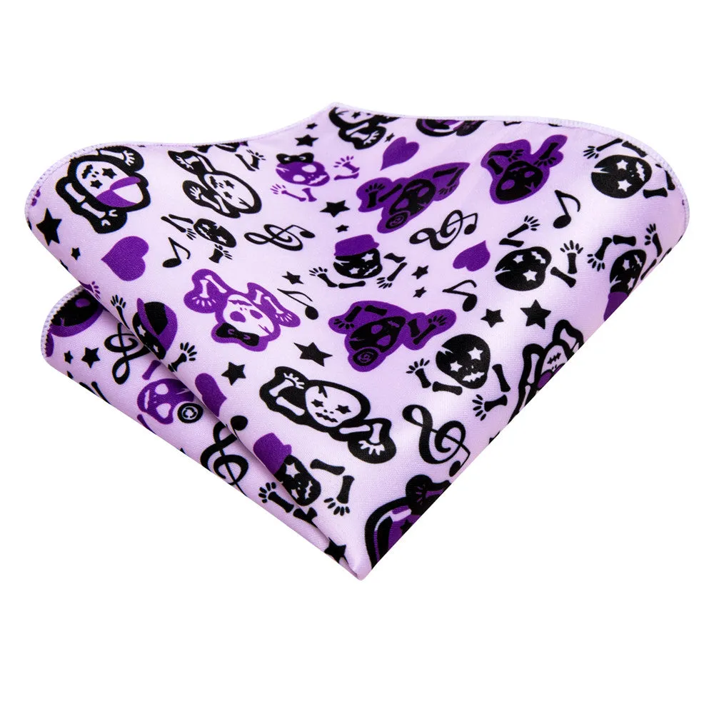 Hi-Tie Halloween Purple Note Skull Necktie Pocket Square Cufflinks Set