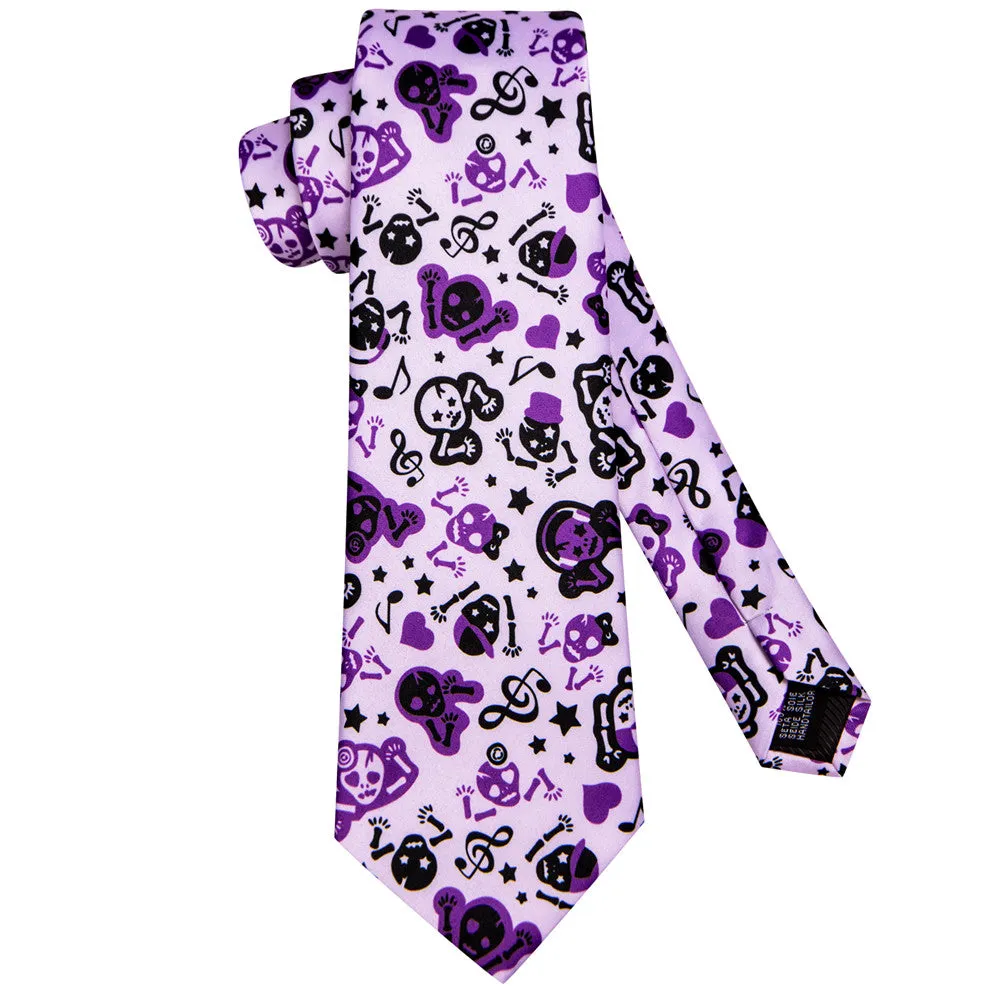 Hi-Tie Halloween Purple Note Skull Necktie Pocket Square Cufflinks Set