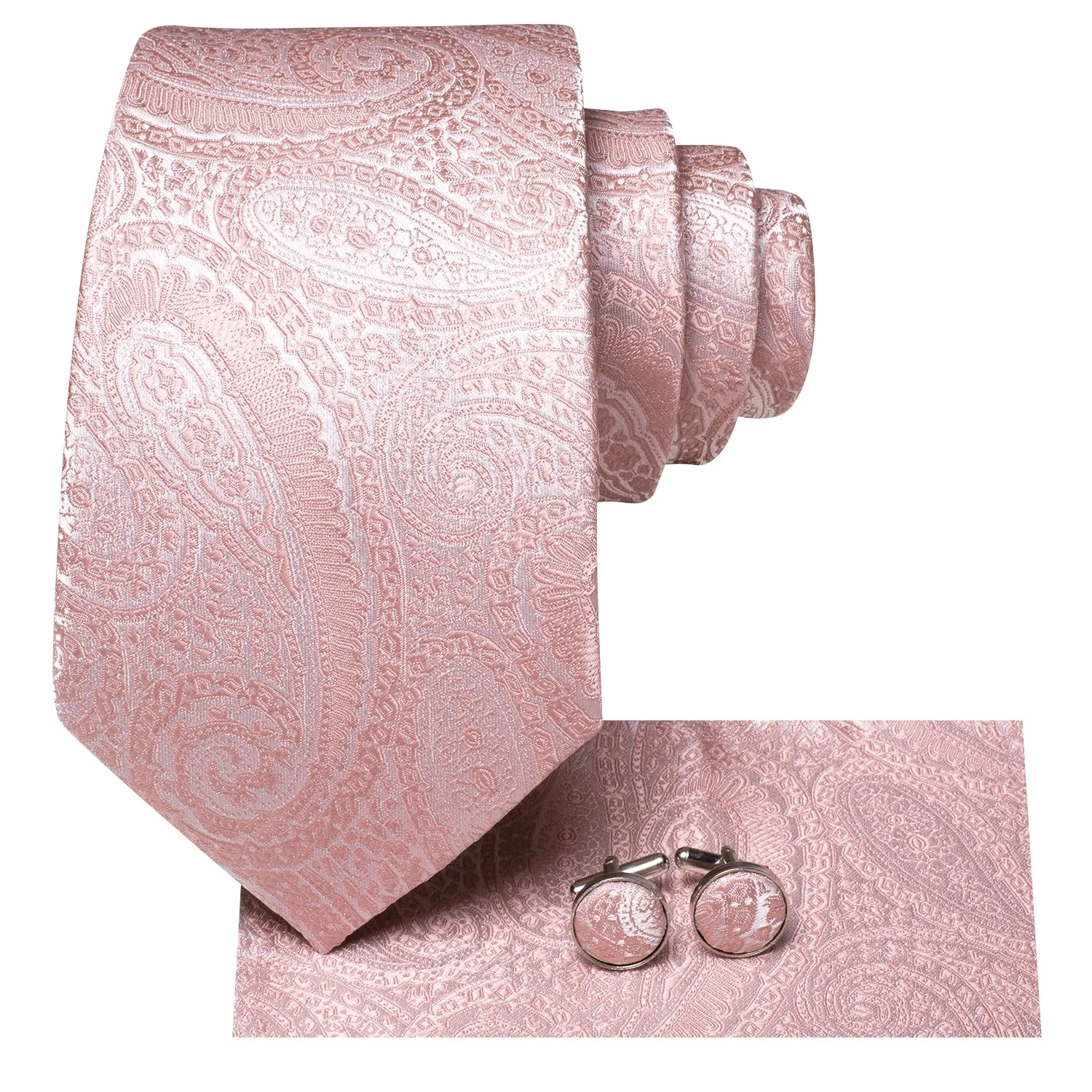 Hi-Tie Light Pink Paisley Silk Men Necktie Pocket Square Cufflinks Set
