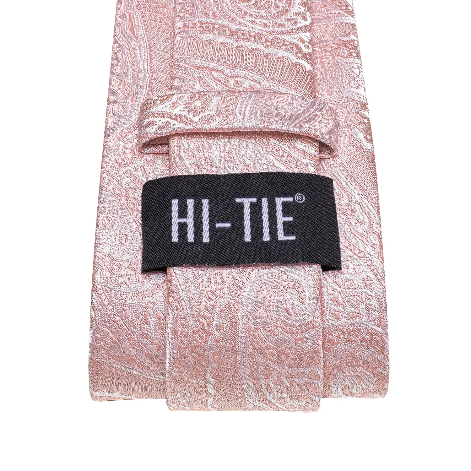Hi-Tie Light Pink Paisley Silk Men Necktie Pocket Square Cufflinks Set